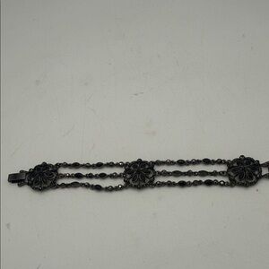 Black Rhinestone triple strand gunmetal gray link bracelet 7.5”